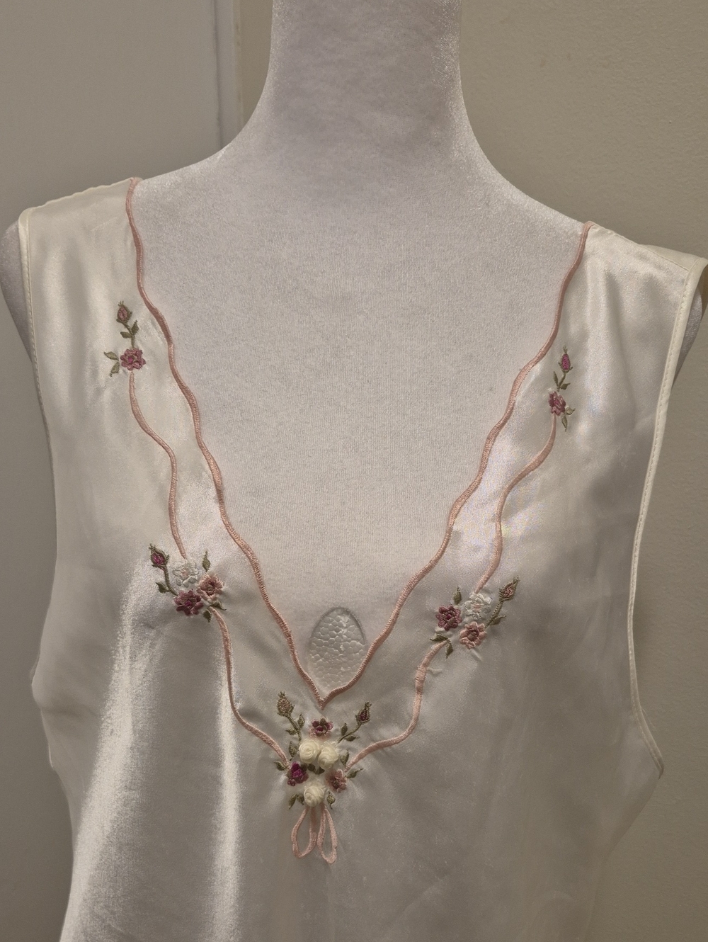 Vintage Ivory Satin Nightgown with Pink Floral Embroidery by Val Mode - Picture 2 of 4